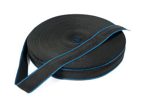 фото Стропа окантовочная чёрная с синей полосой 30 мм